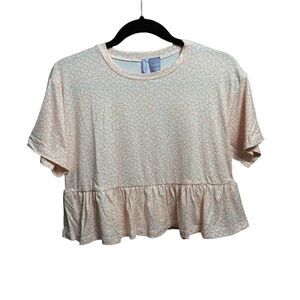 GOOD LUCK GIRL | Girl's Peplum Tee Floral Short Sleeve Crew Neck Peach Ivory Lar